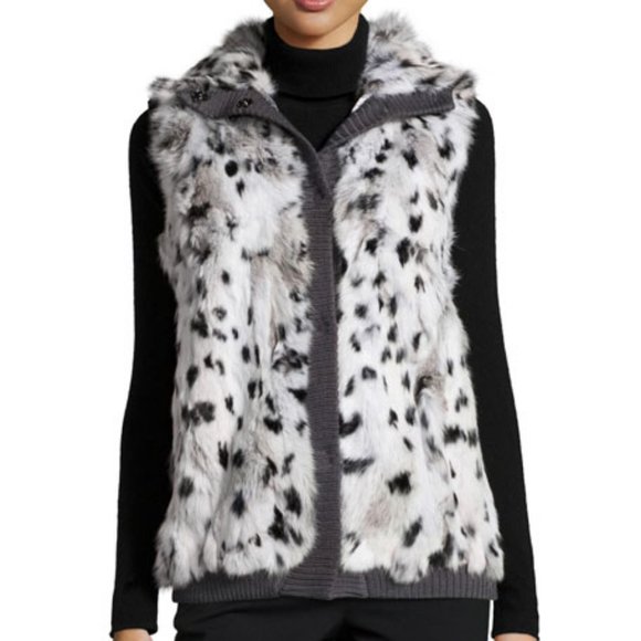 Jocelyn Gray and White Spotted Rabbit Fur and Wool Vest Sz. Large - Picture 1 of 16